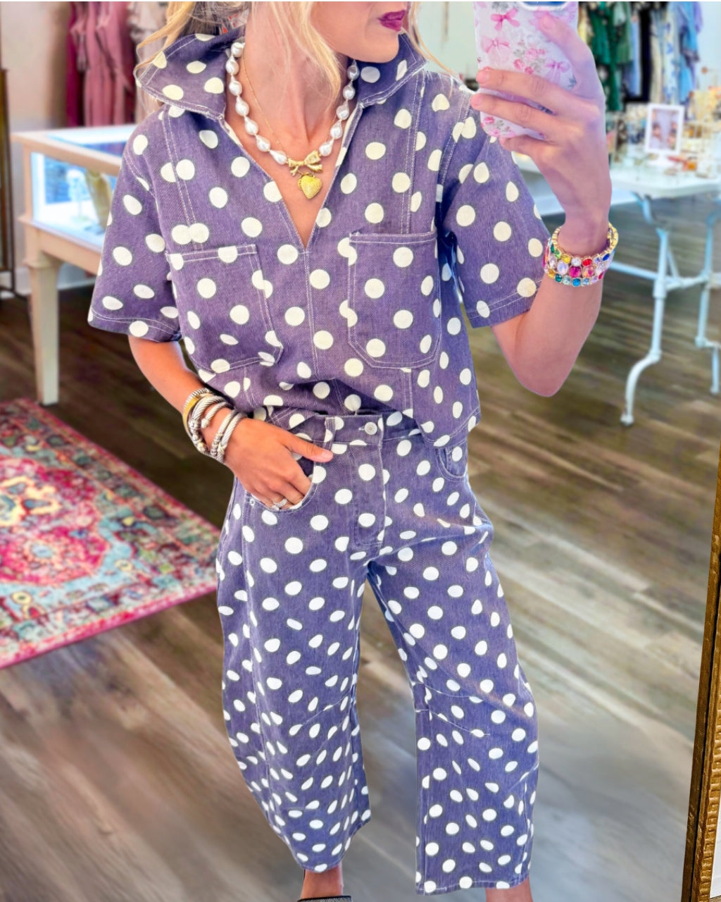 Polka Dot Washed Denim Collared Top