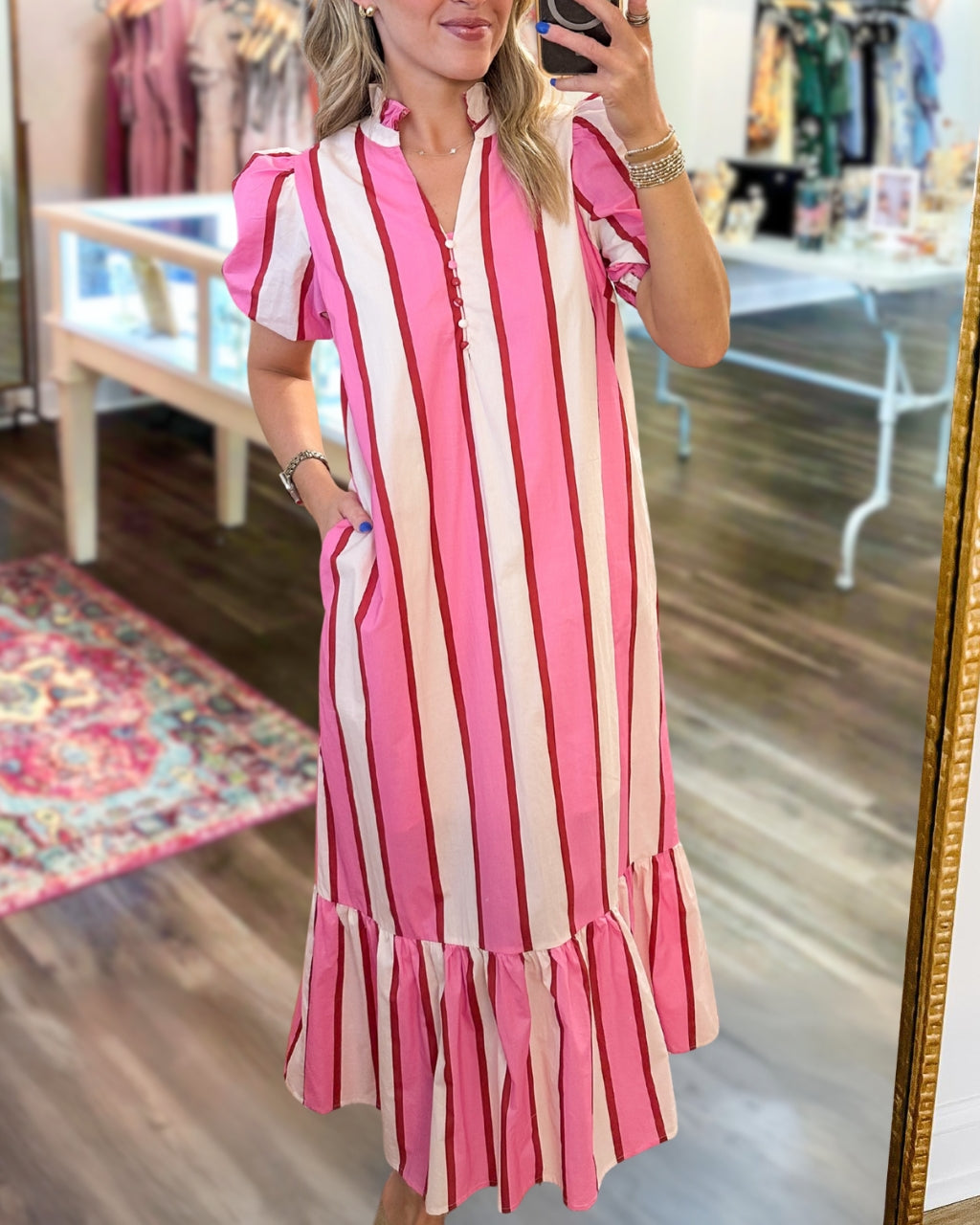 Striped Puff-sleeved Satin Maxi Dress