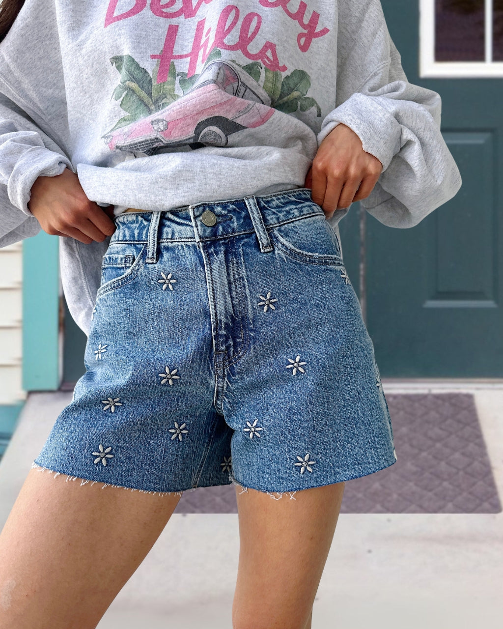 Daisy Embroidered Denim Shorts