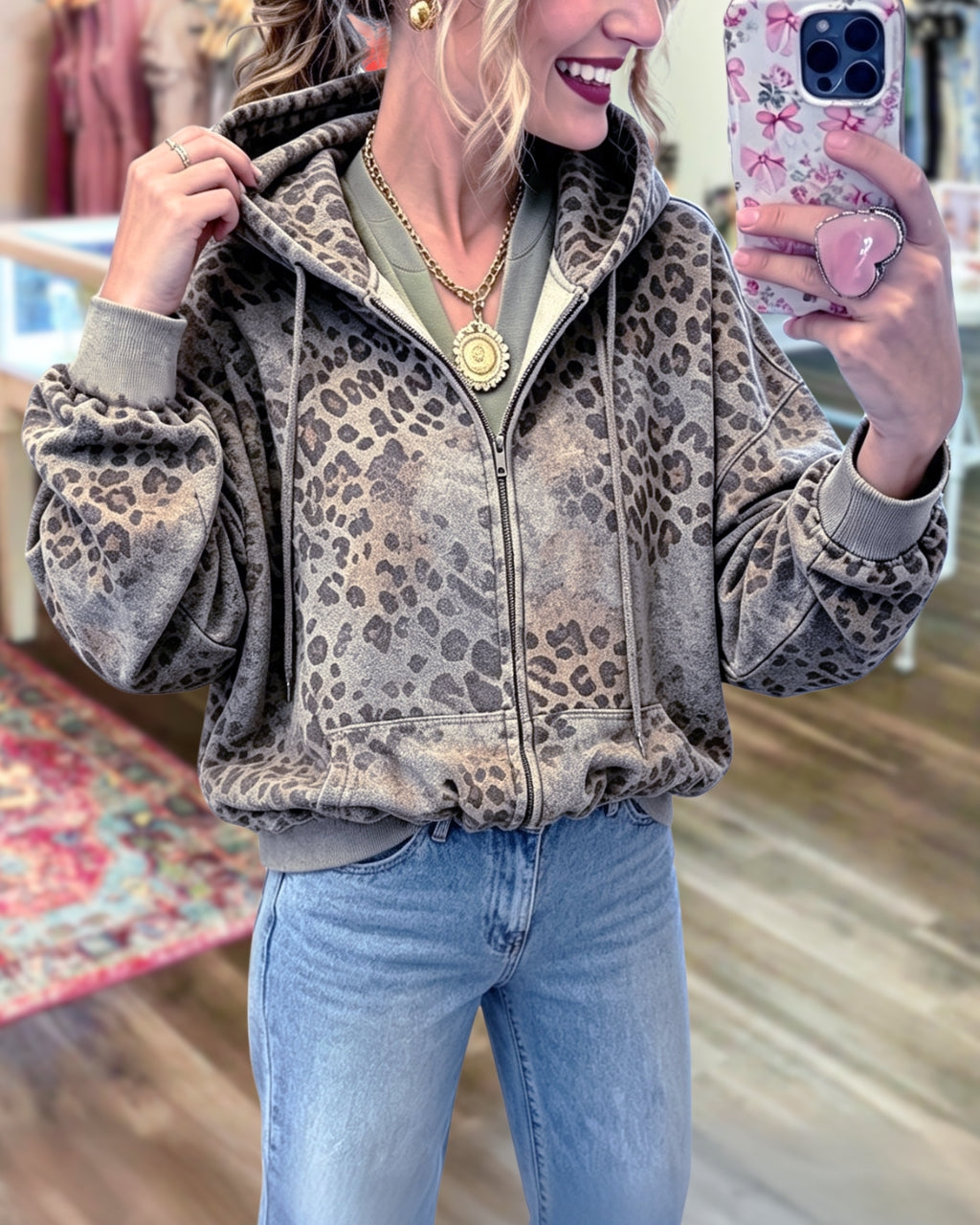 Washed Leopard Zip Hoodie