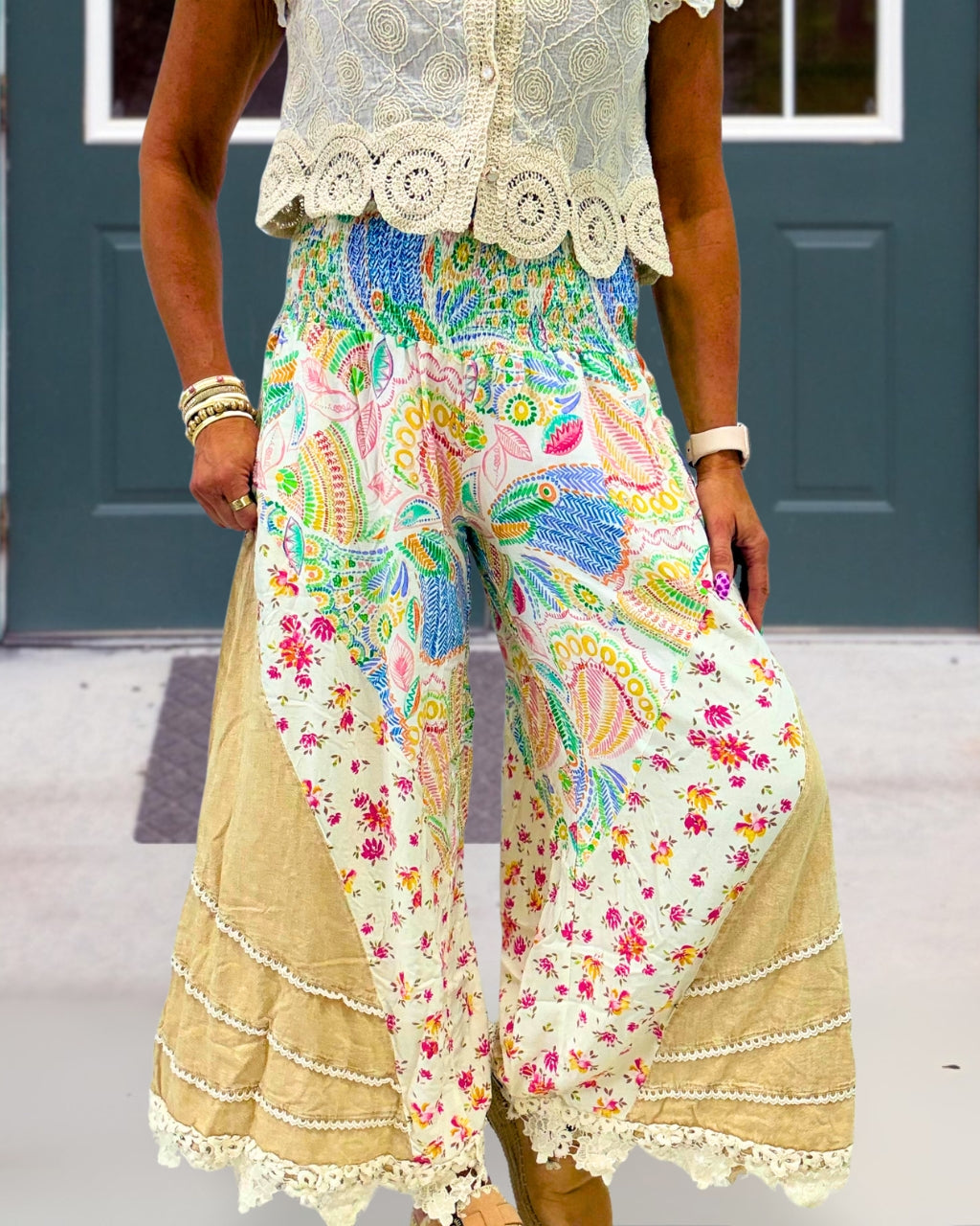 Lace Trim Floral Smocked Pants
