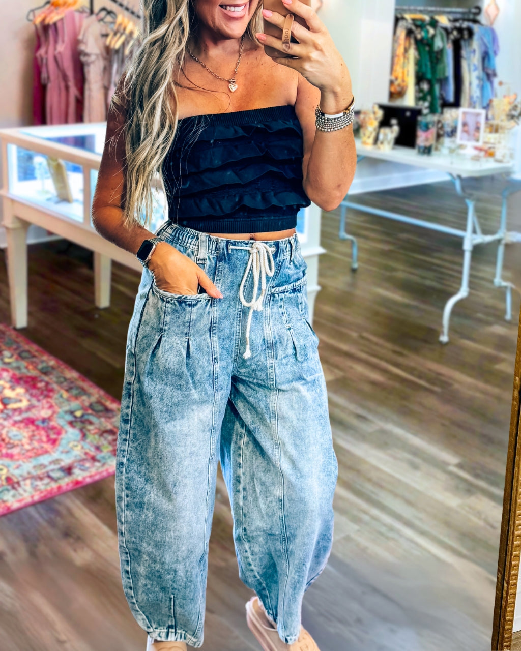 Casual Washed Denim Barrel Pants