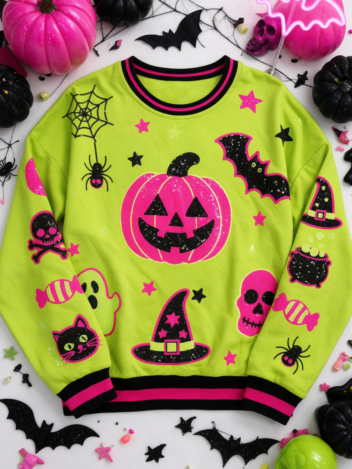 Pumpkin Bat Witch Hat Halloween Pullover