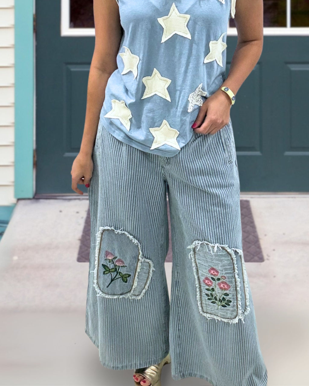 Floral Embroidered Patch Striped Pants