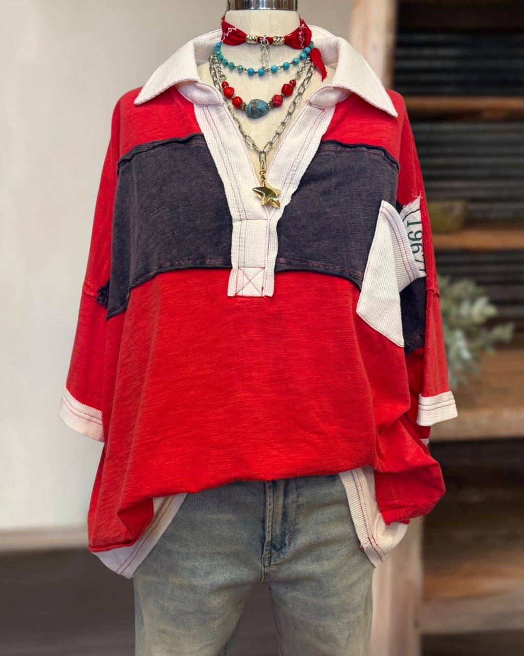 Retro Washed Color-block Collared Top