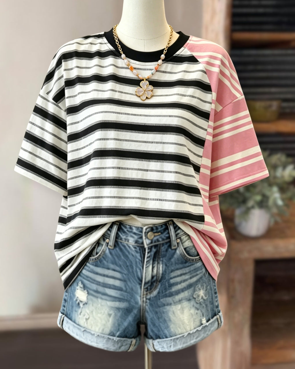 Unique Color-blocked Striped T-shirt