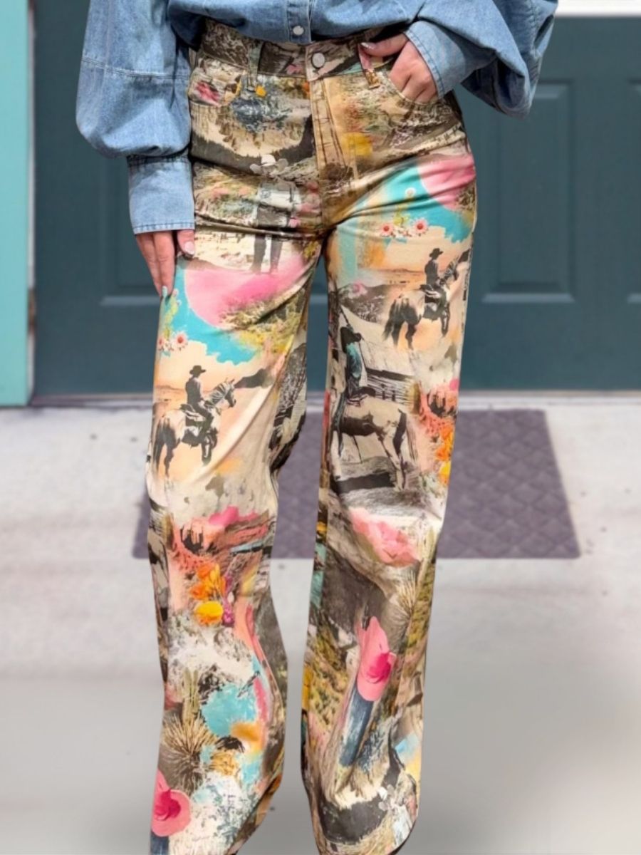 Retro Western Cowboy Oil Painting Print Pants