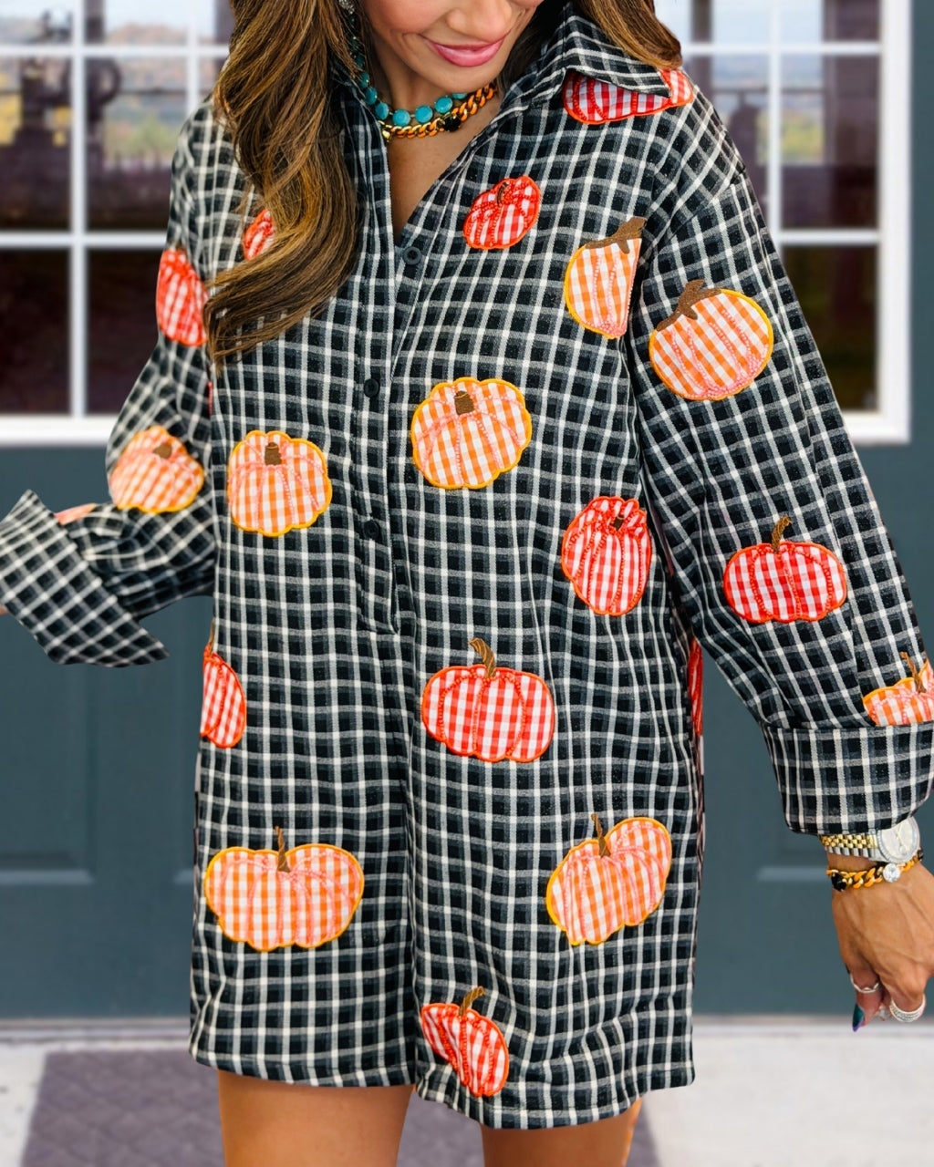 Pumpkin Sequined Plaid Jumpsuit