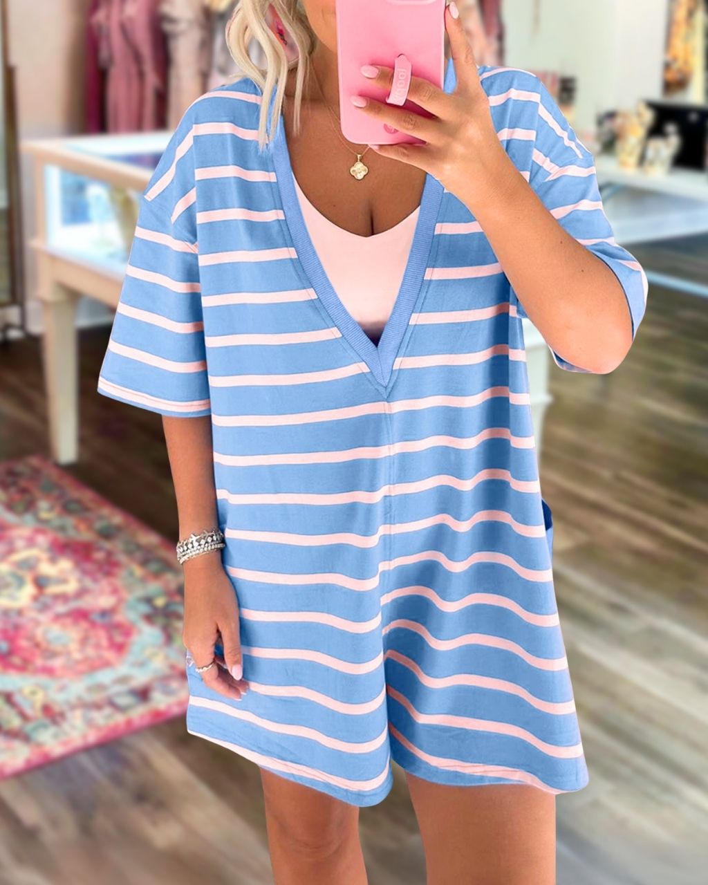 Color-blocked Striped V-neck Jumpsuit