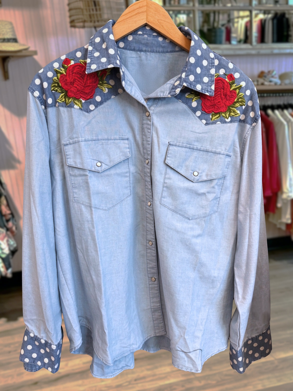 Floral Polka Dot Embroidered Patchwork Shirt