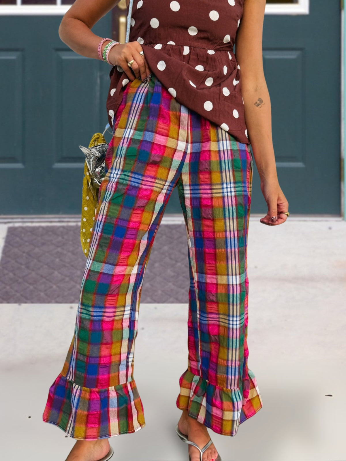 Ruffled Multicolored Plaid Pants