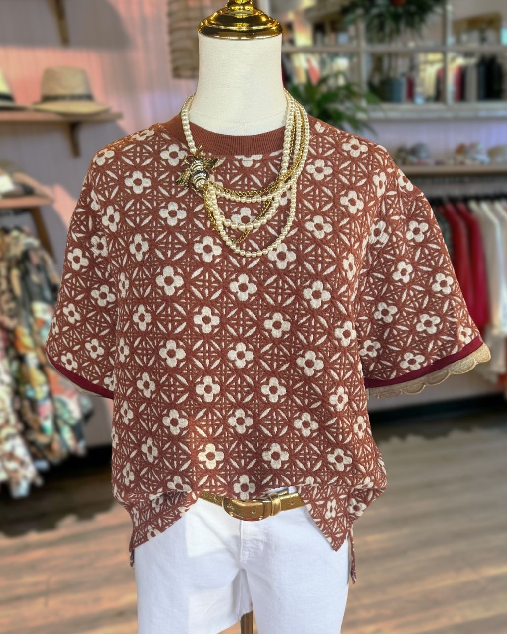 Geometric Floral Jacquard Embroidered Top
