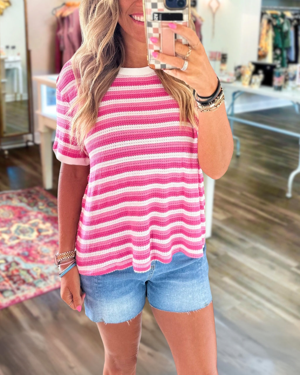 Waffle-textured Color-block Striped Top