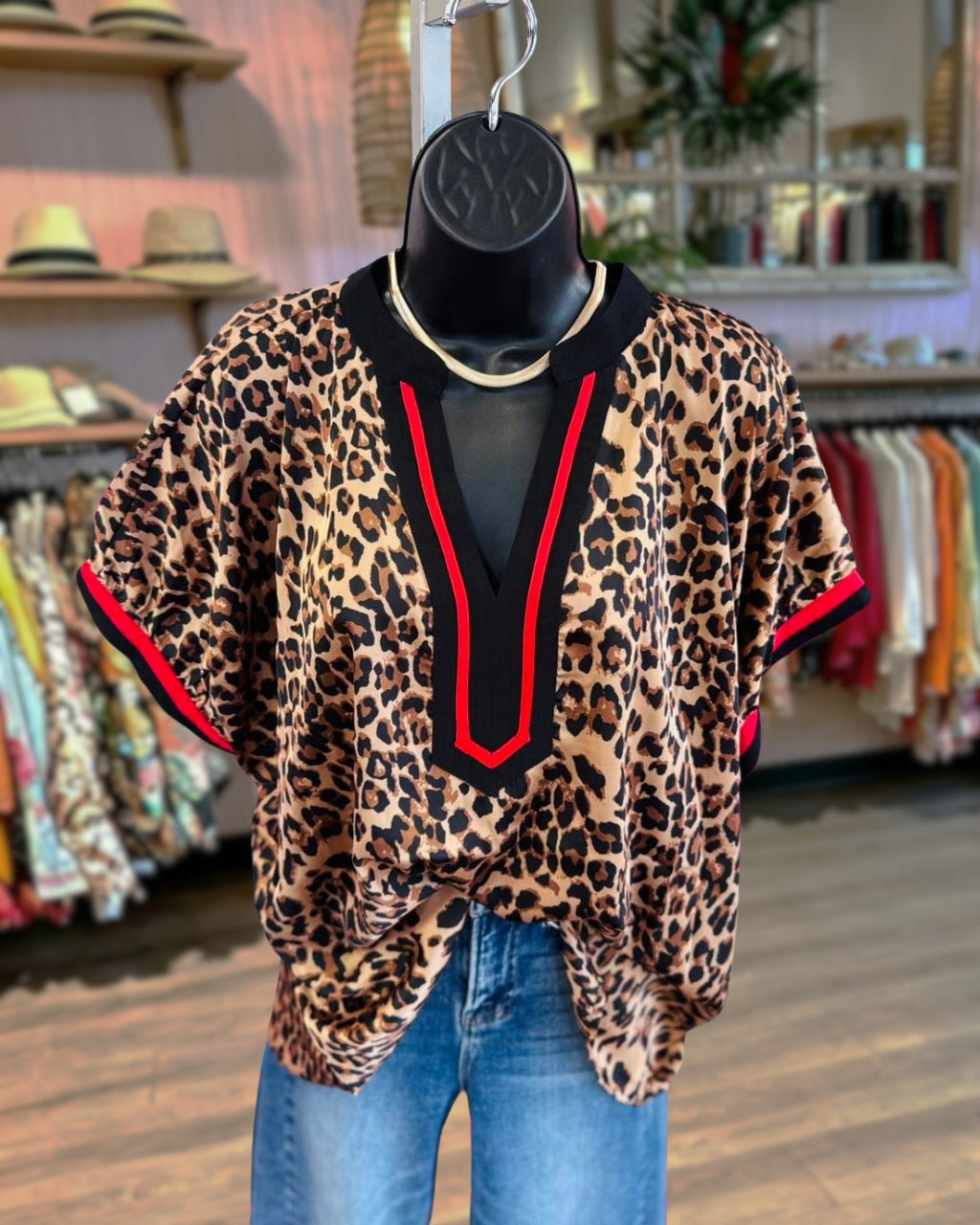 Colorblocked Striped Trim Leopard V-neck Top
