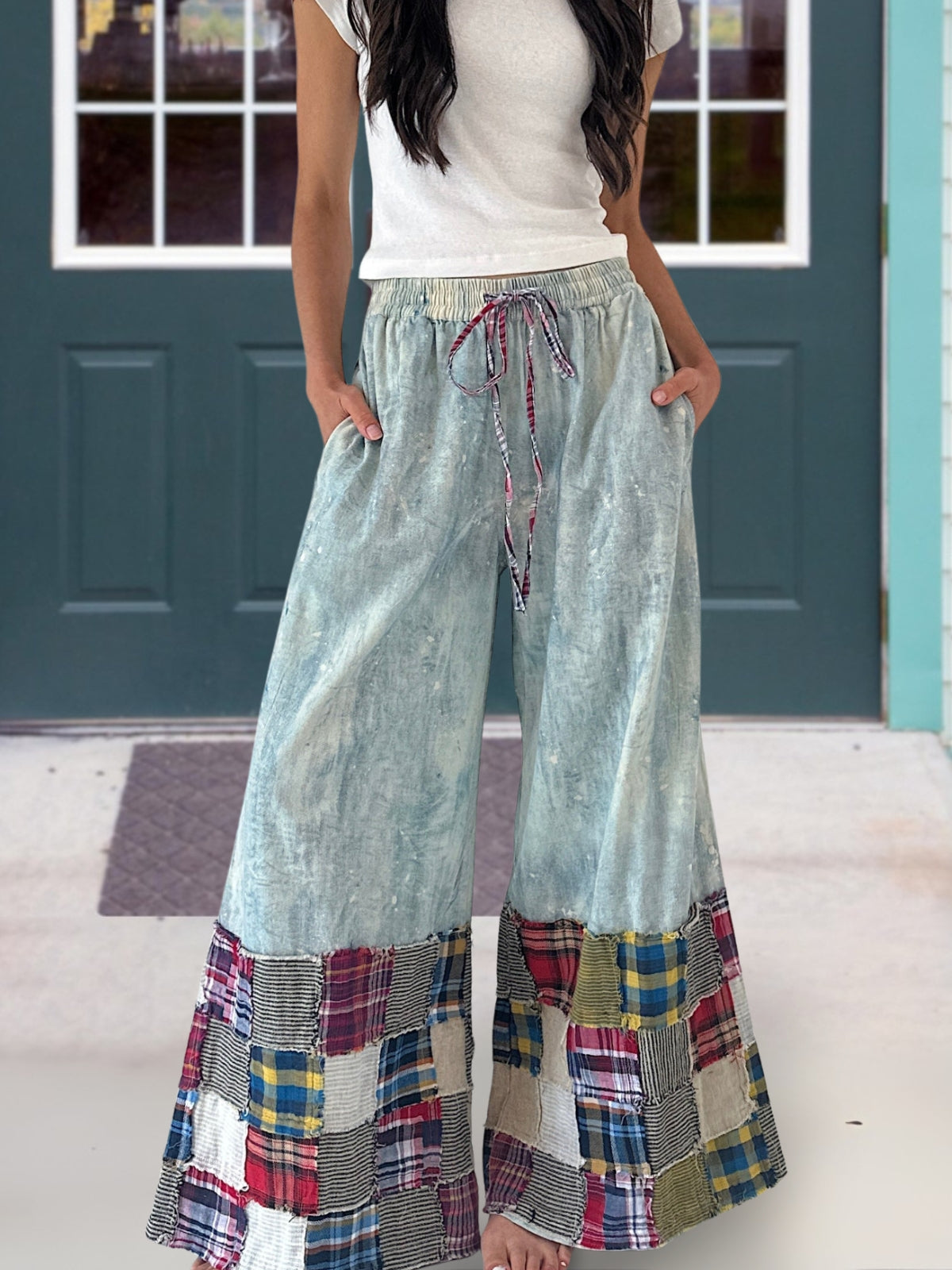 Plaid Patchwork Denim Wide-Leg Pants