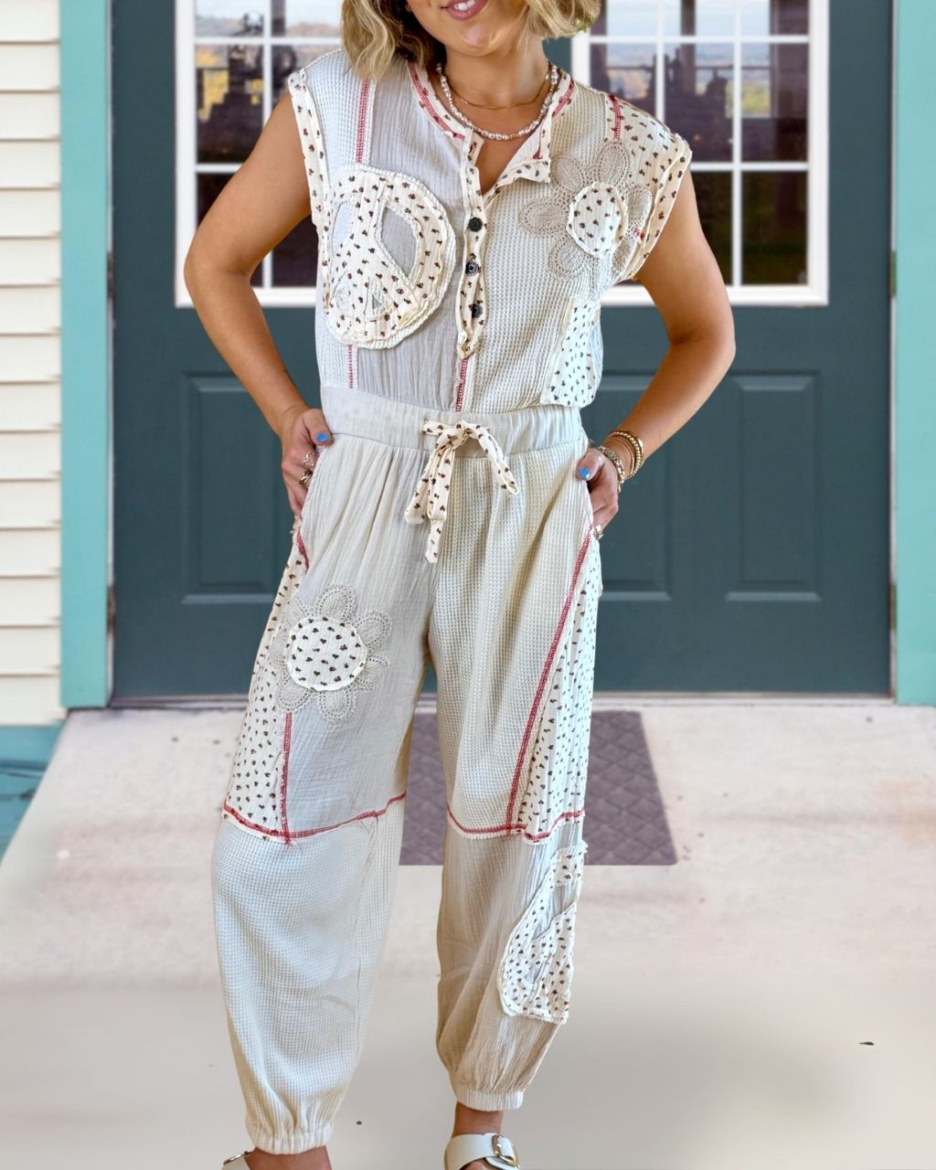 Peace Patch Waffle Patchwork Jumpsuit