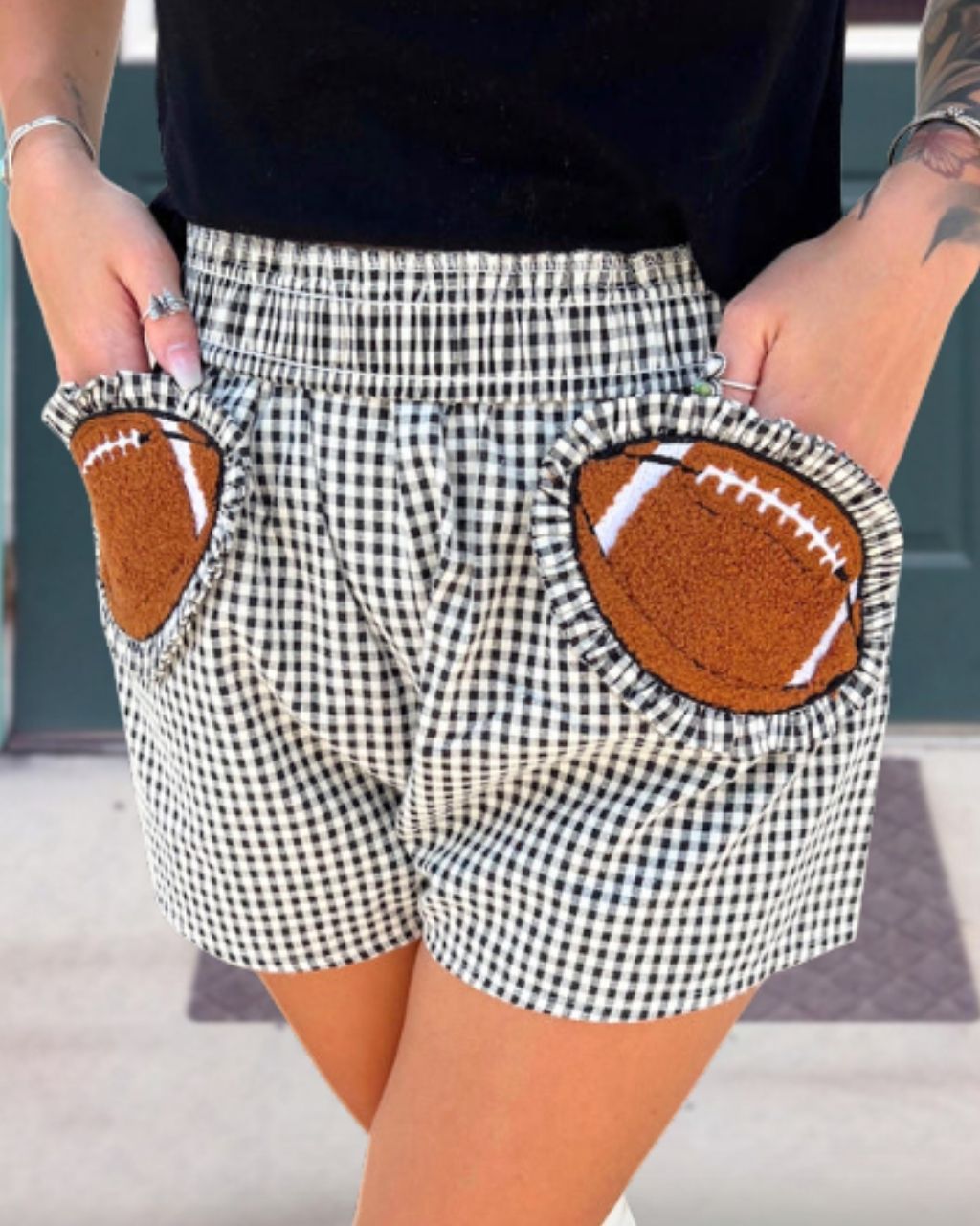 Football-Embroidered Pocket Plaid Shorts
