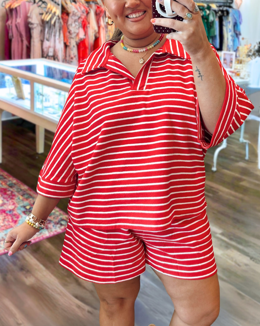 Simple Lapel Striped Shorts Set