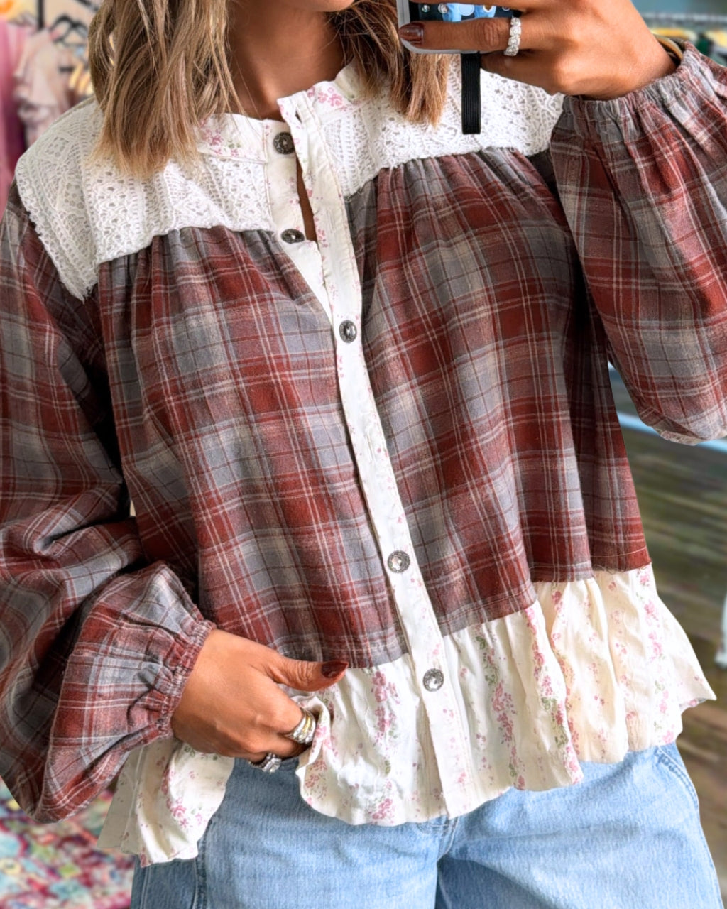 Lace Floral Plaid Top