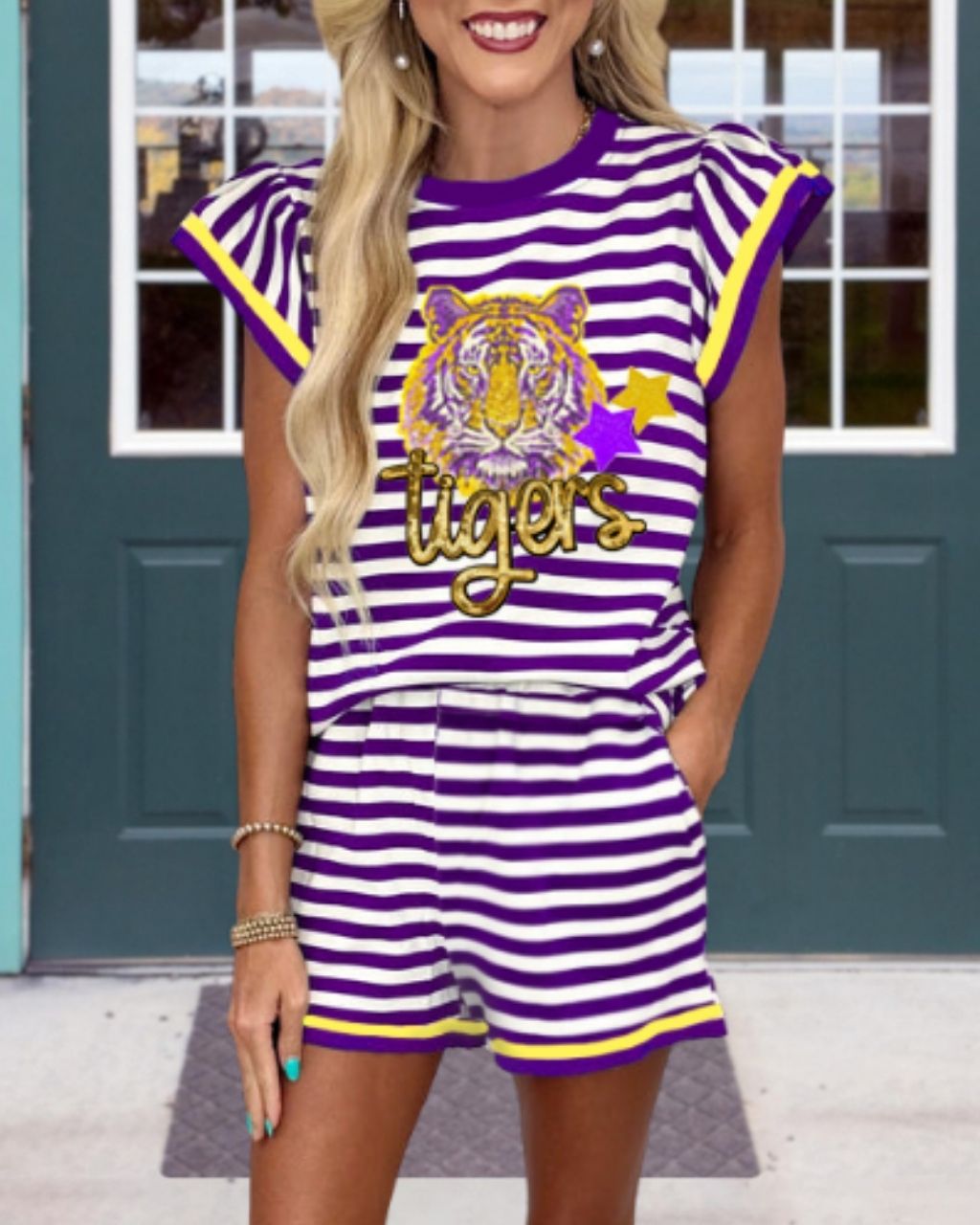 Rugby-Themed Striped Shorts Set