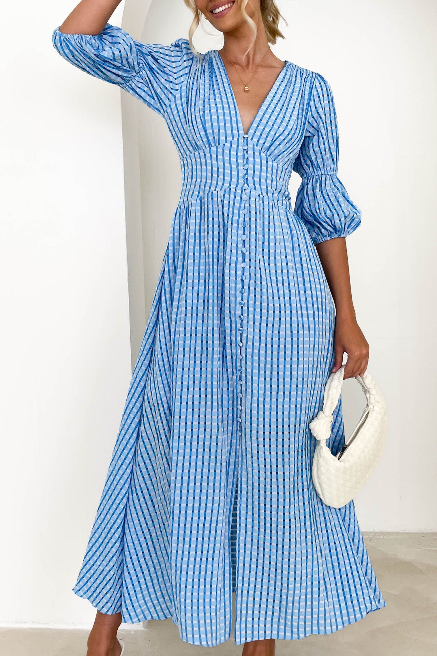 Small Squares Maxi Dress-Blue