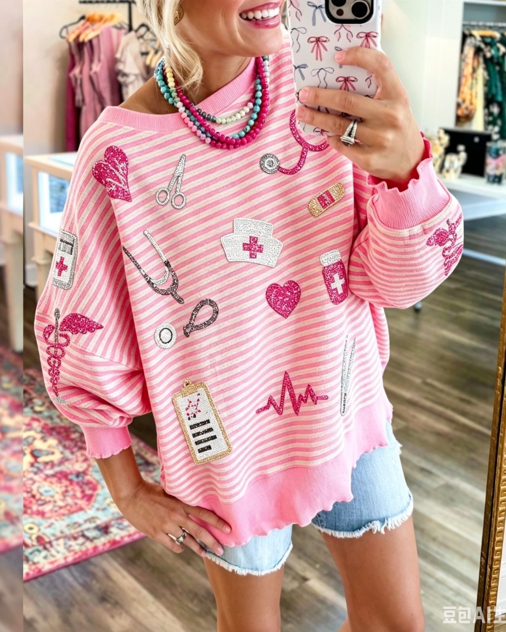 Medical-themed Sequined Striped Pullover