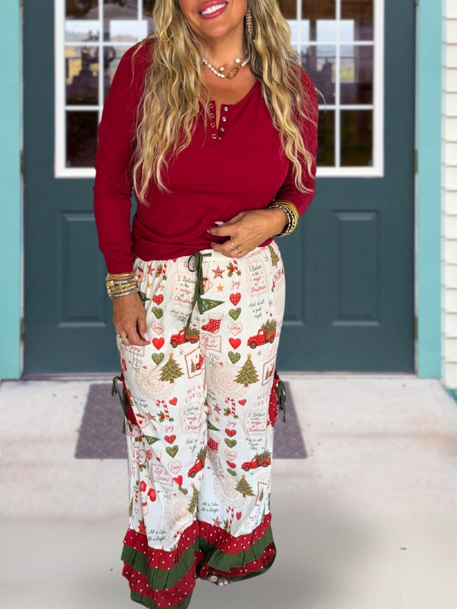 Christmas Themed Printed Ruffled Pants