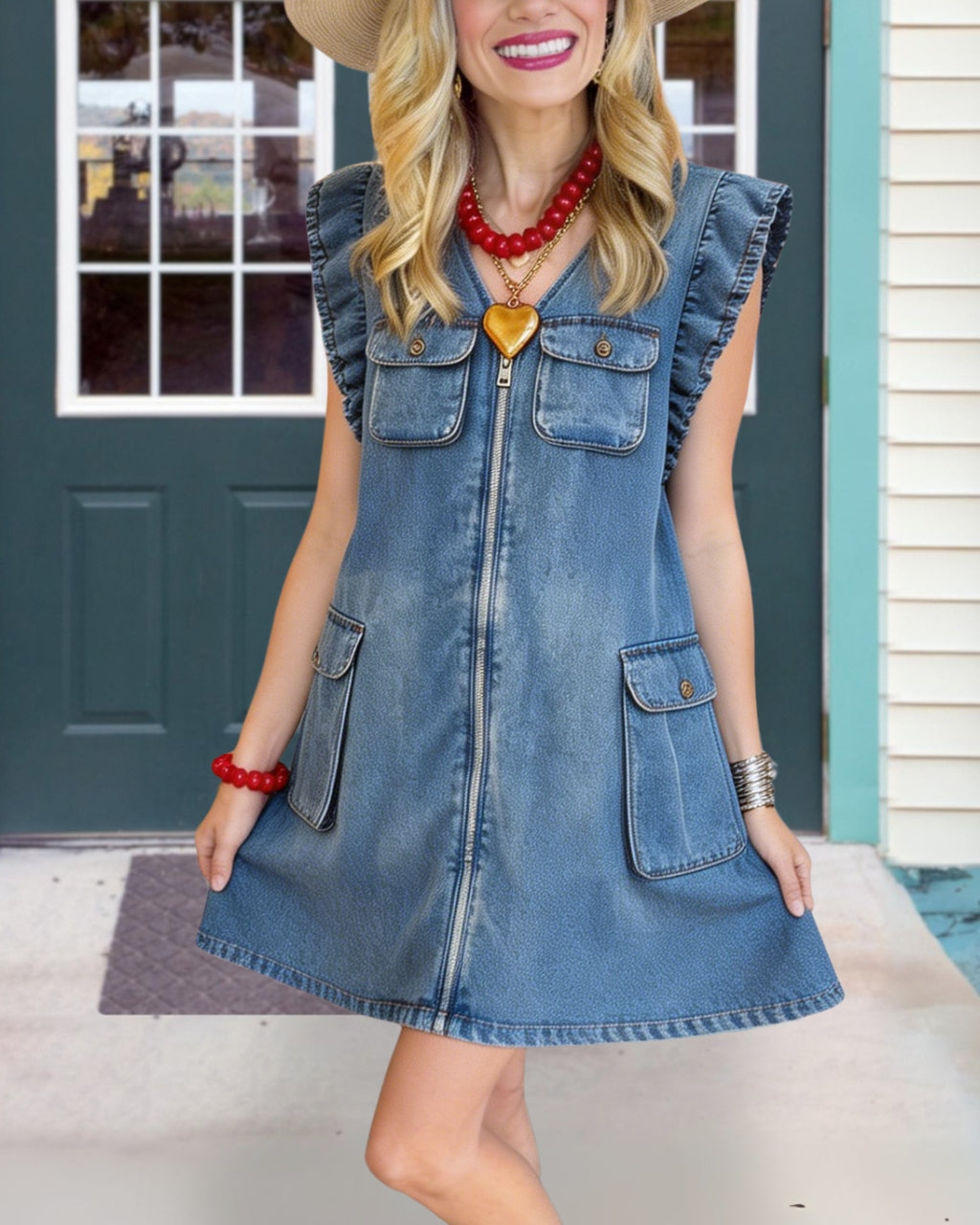 Multi-pocket Zipper Denim Dress