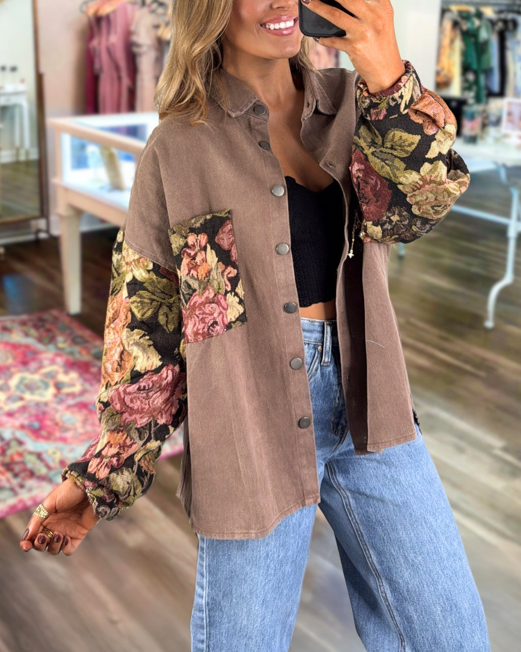 Mixed Pattern Floral Jacquard Shacket
