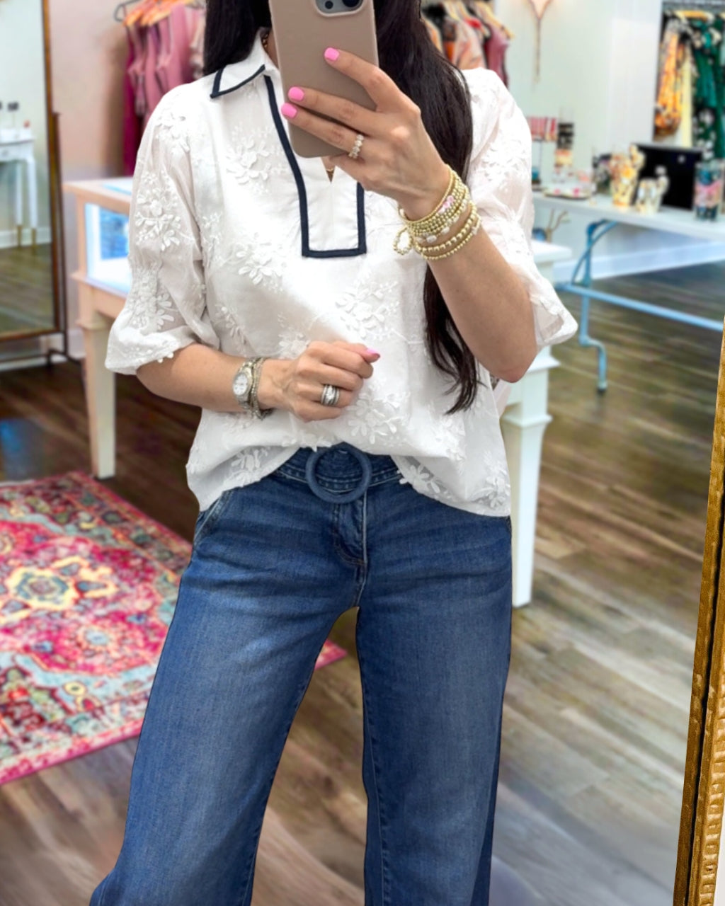 Jacquard Embroidered V-neck Top