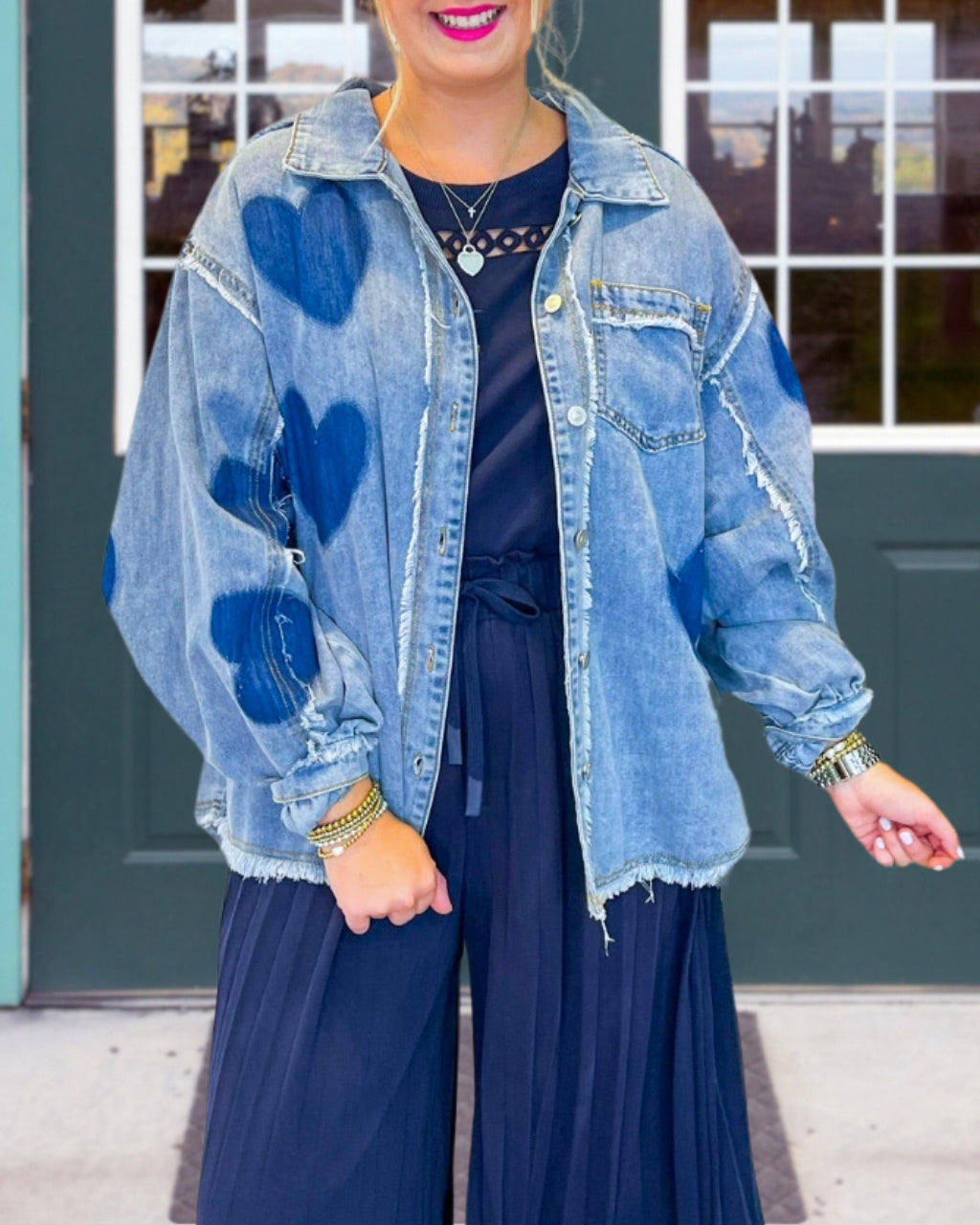 Playful Heart Pattern Denim Jacket