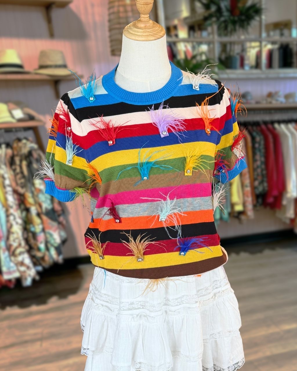 Colorful Striped Feather Top