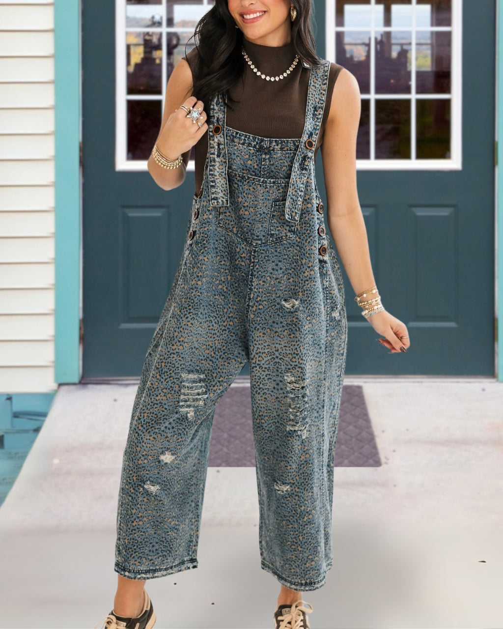 Trendy Leopard Denim Overalls