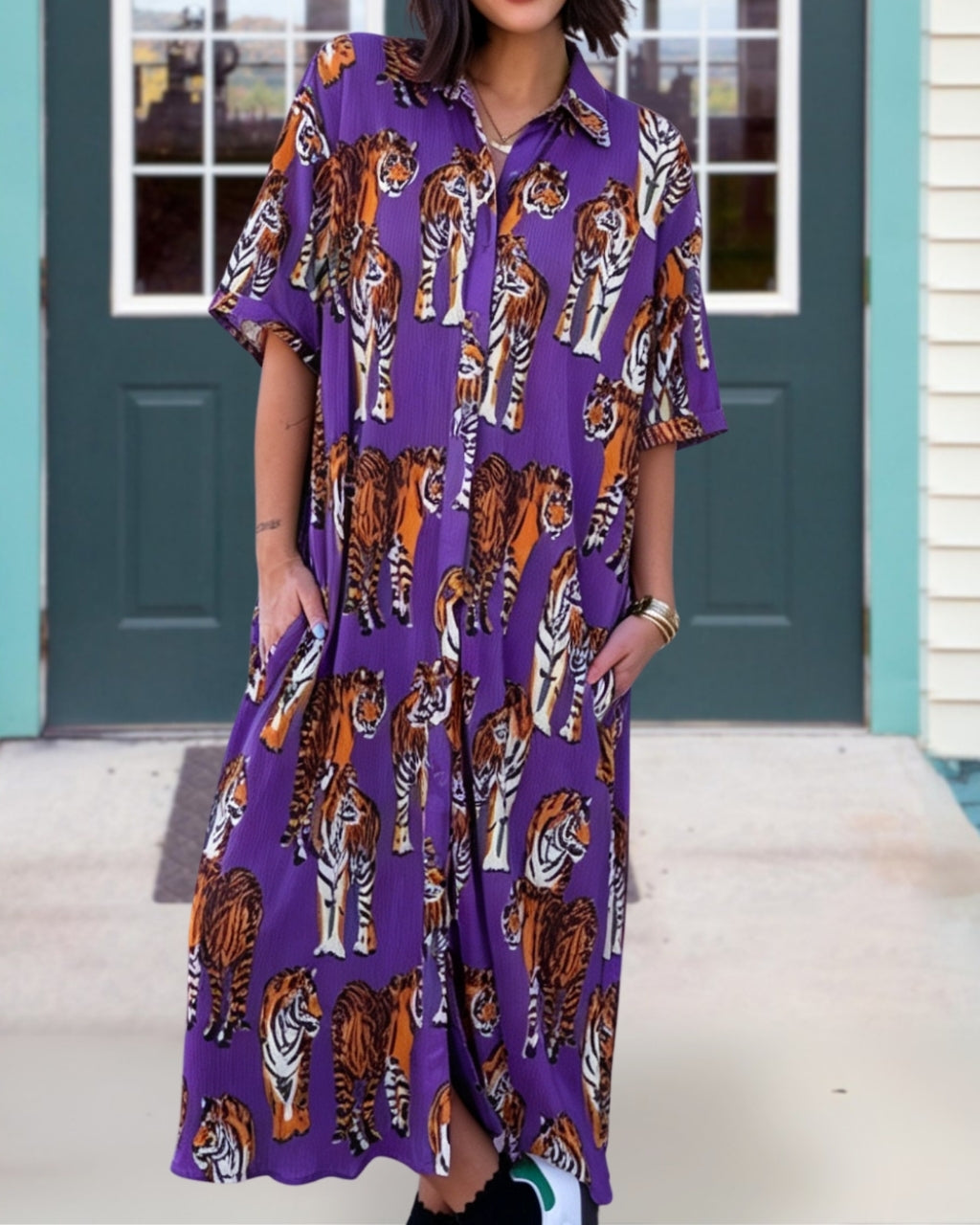 All-Over Tiger Print Game Day Satin Dress