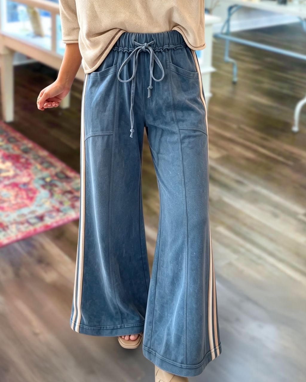 Side-Stripe Washed French Terry Denim Pants