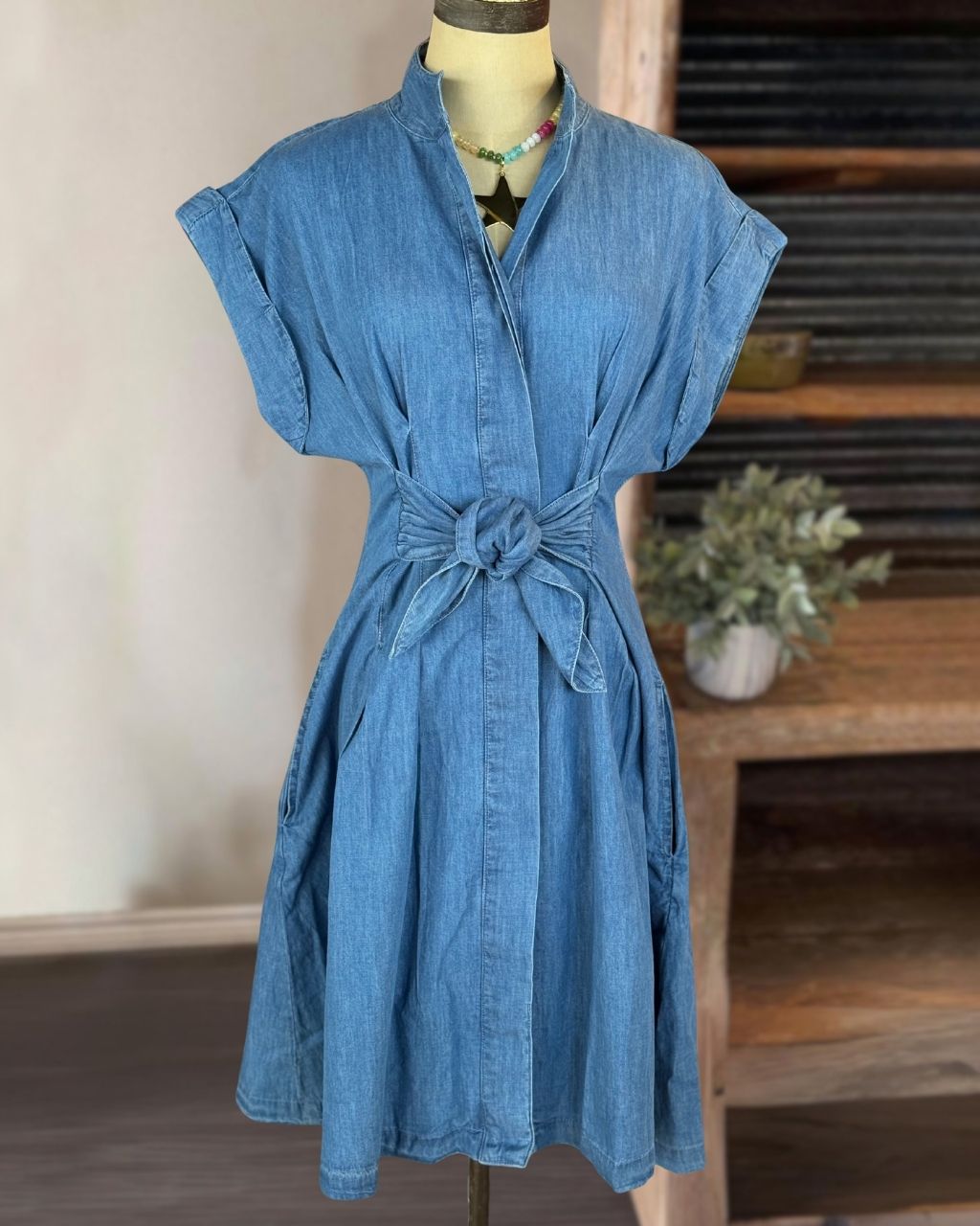 Minimalist Bow Detail Denim Dress