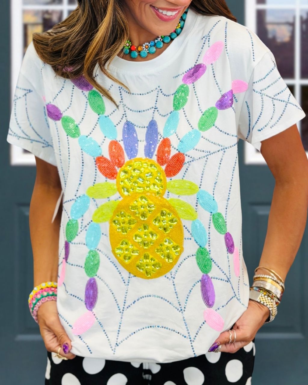 Halloween Colored Spider Sequin Embroidery T-shirt