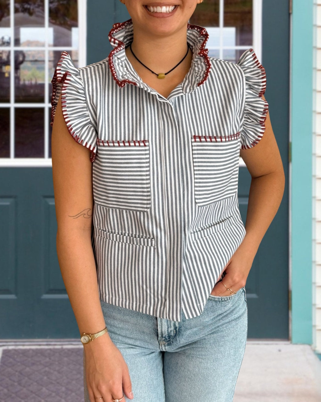 Pinstripe Ruffle Blouse
