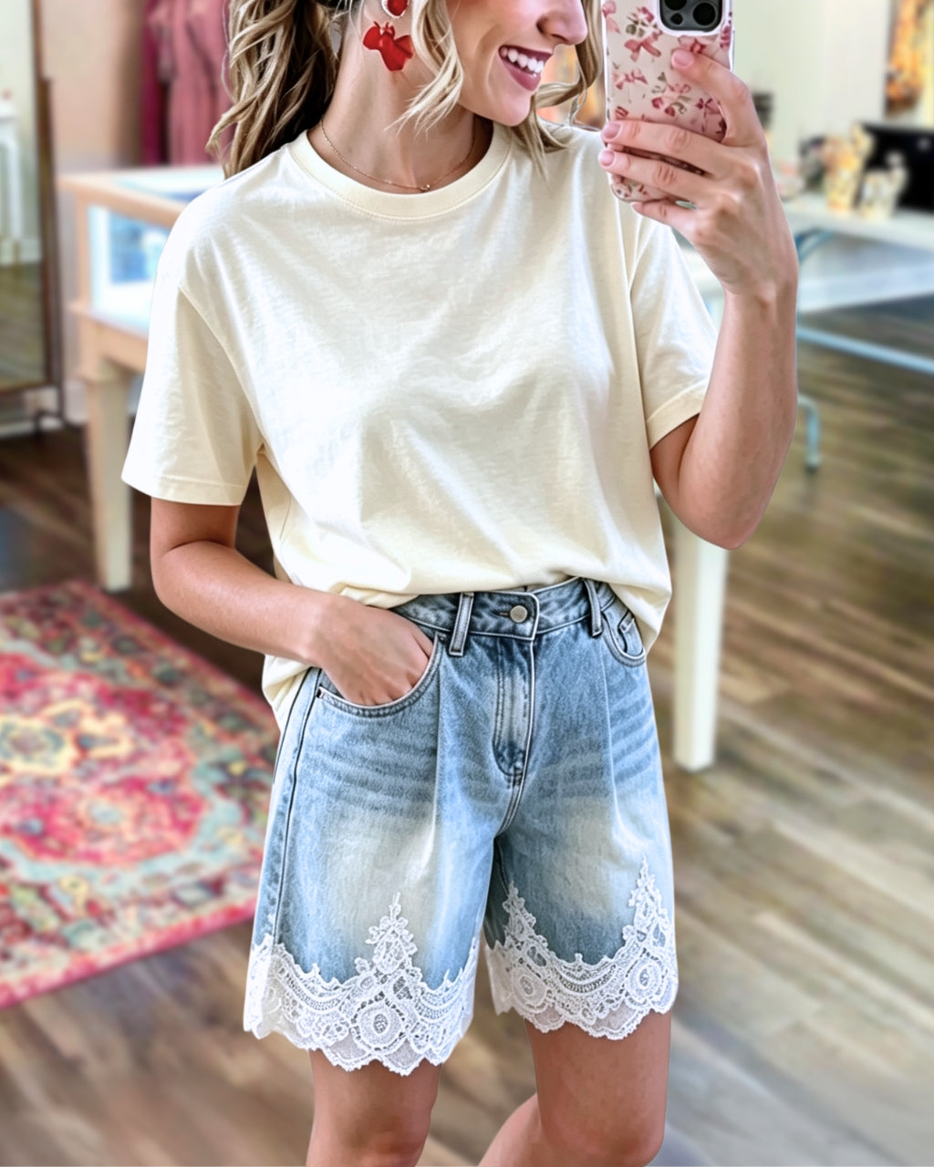 Lace Hem Boho Denim Shorts