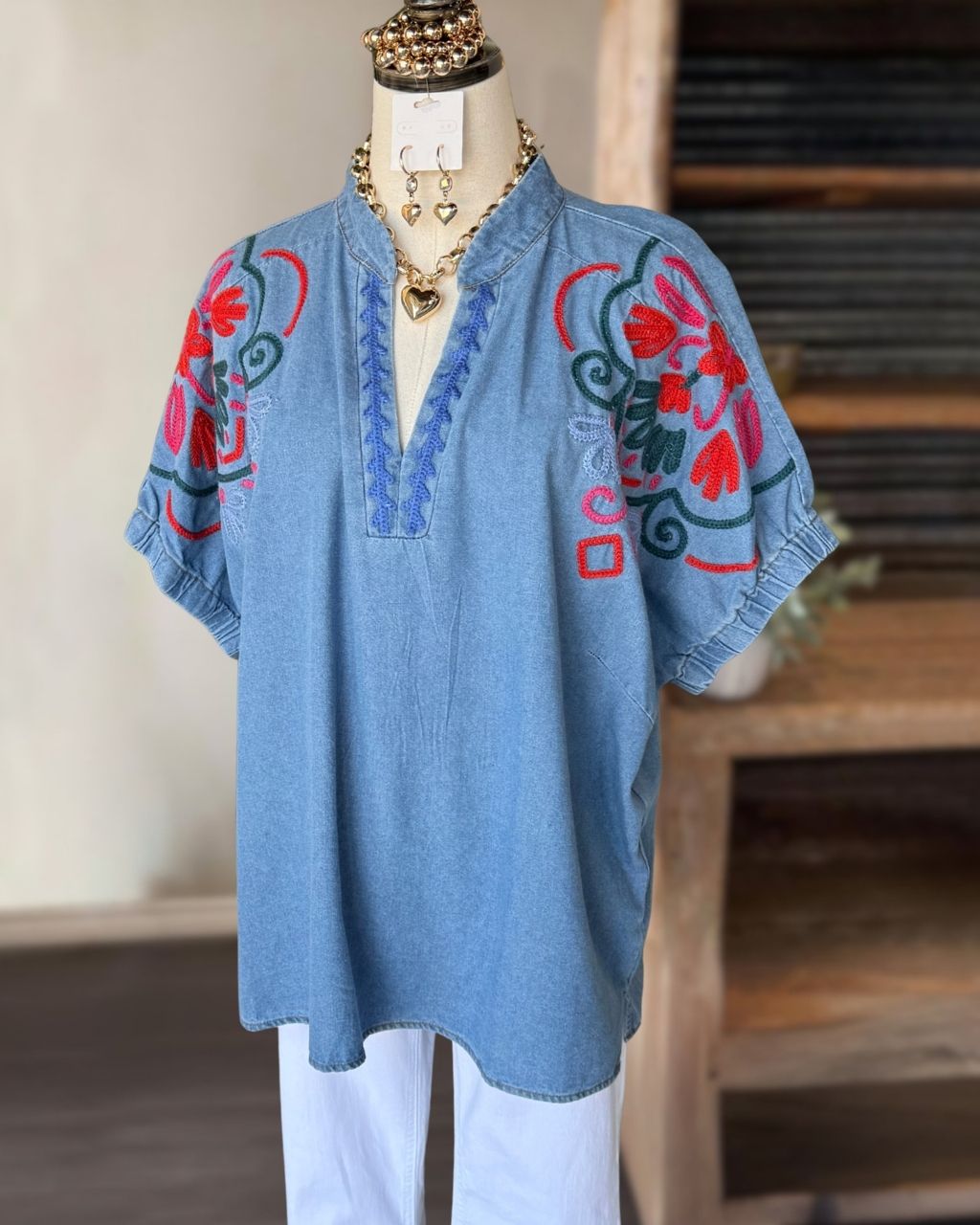 Sweet Floral Embroidered Denim Top