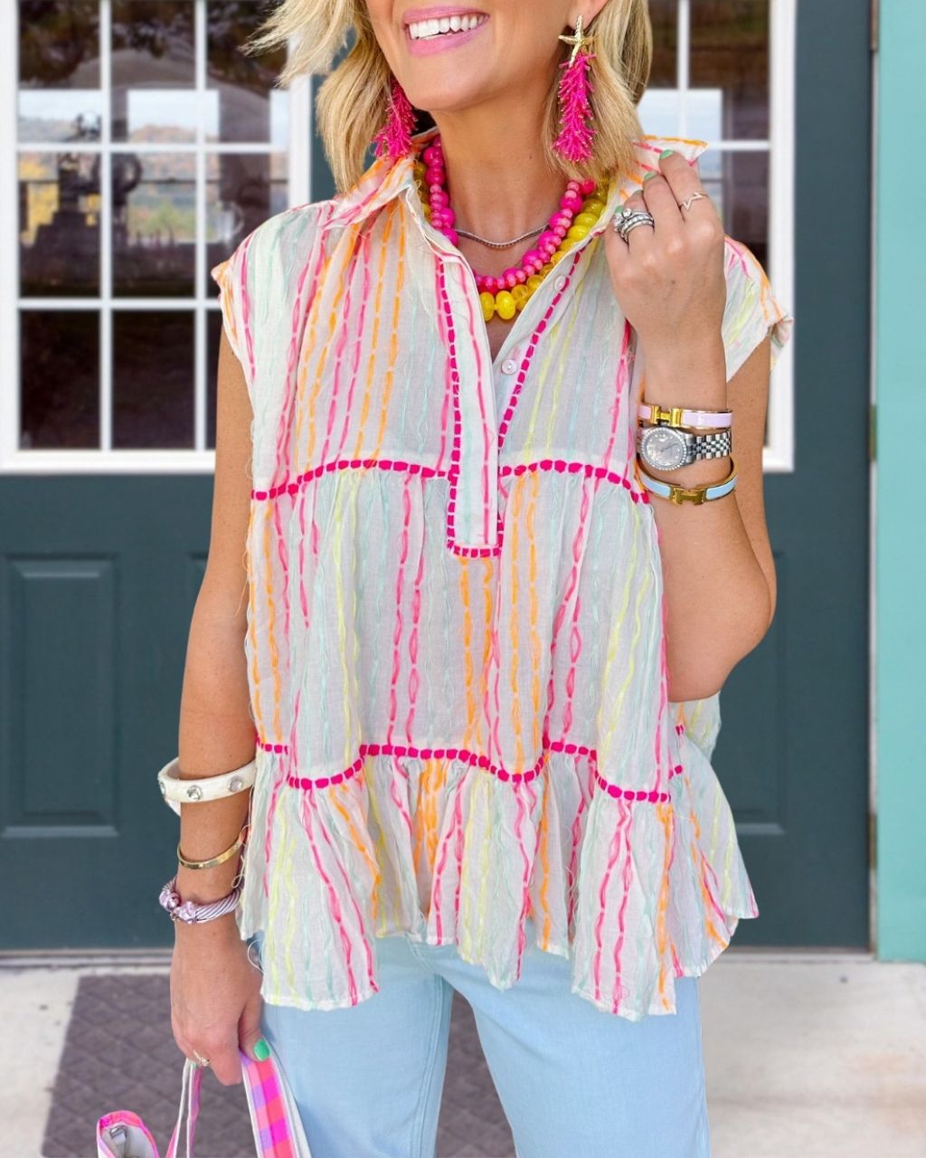 Paneled Striped Jacquard Sleeveless Top