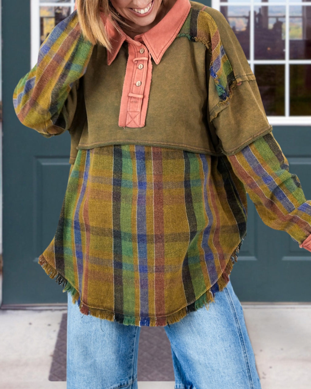 Patchwork Washed Plaid Colorblock Pullover