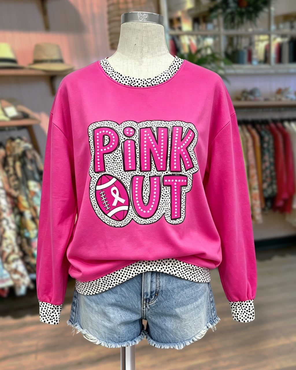"Pink Out" Football Spotted Trim Sweatshirt