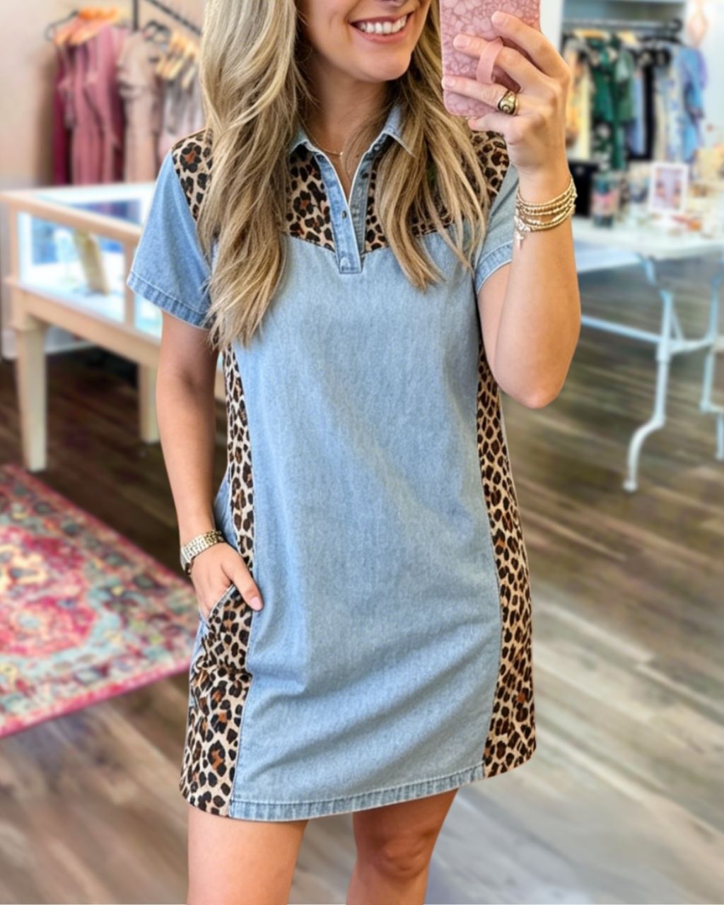 Leopard Patchwork Denim Dress
