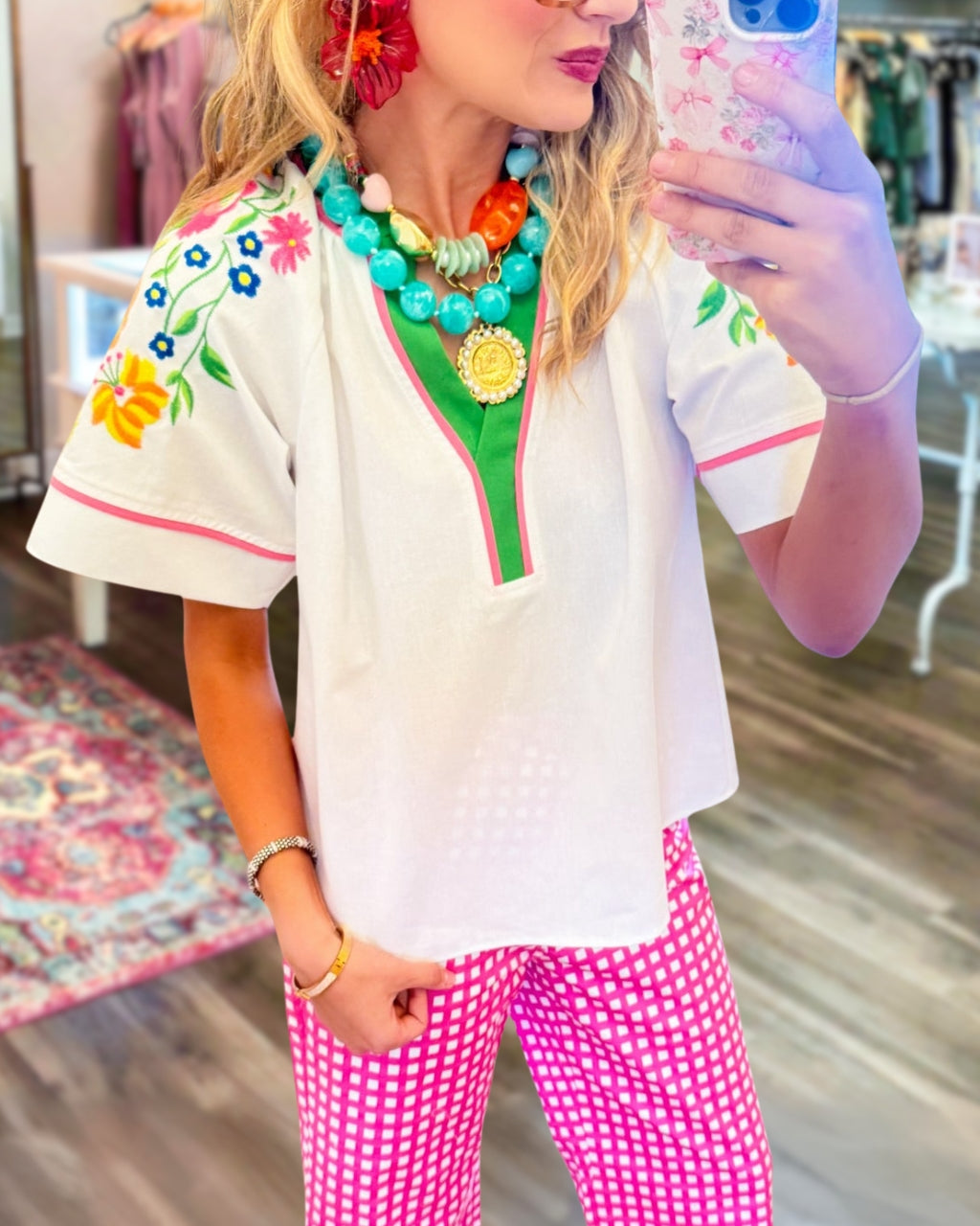 Floral Embroidery V-neck Poplin Top