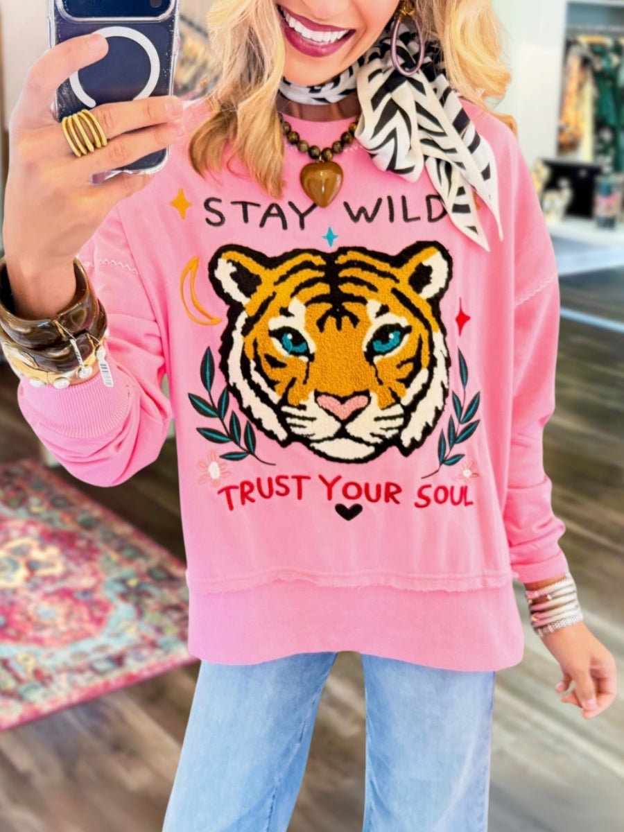 STAY WILD Tiger Embroidery Pullover