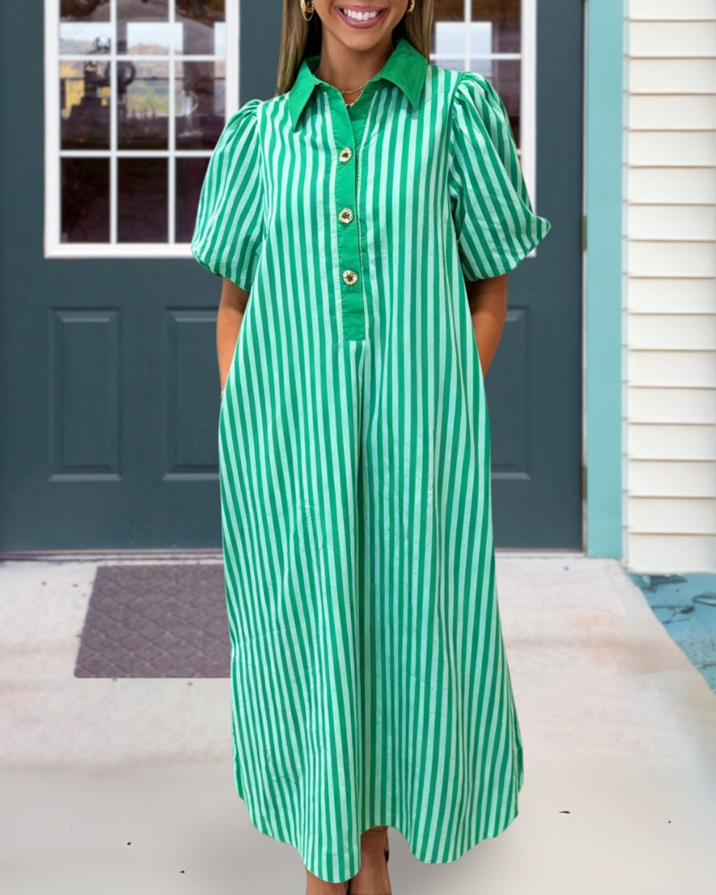 Stylish Puff Sleeves Striped Maxi Dress
