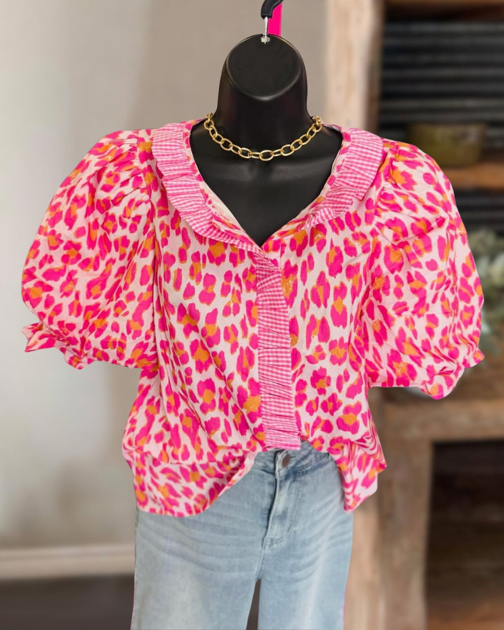 Leopard Print Ruffled Trim Top