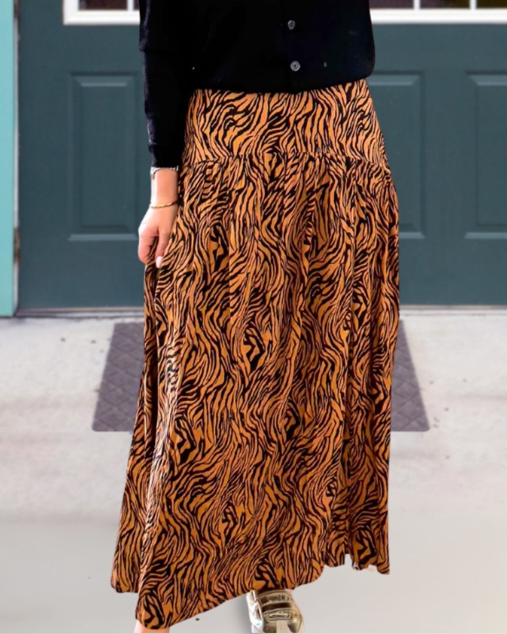 Wild Tiger Print Midi Skirt