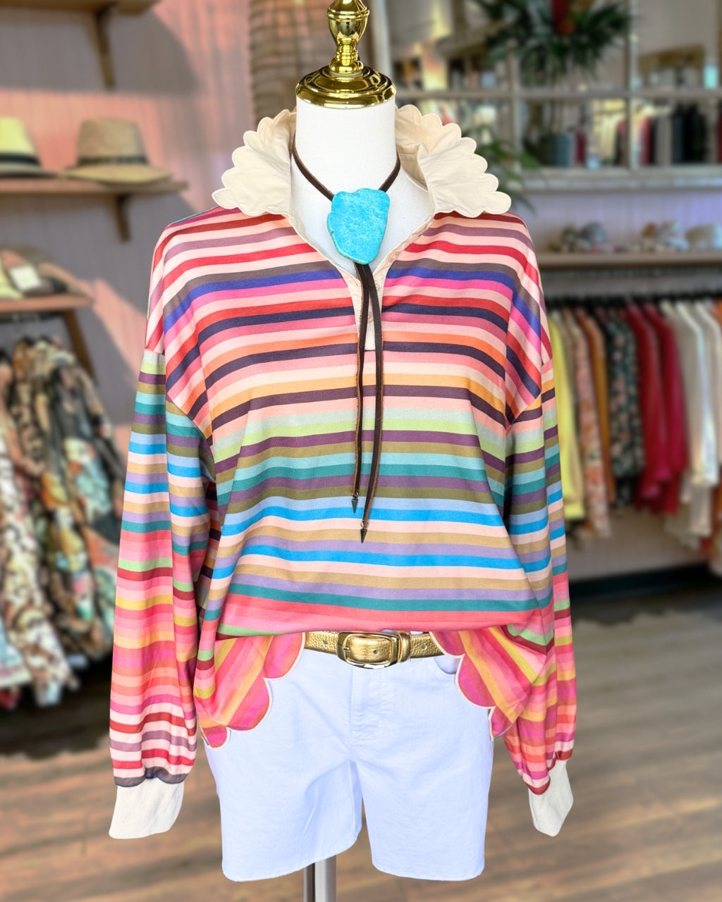 Rainbow-striped Scalloped-edge Top